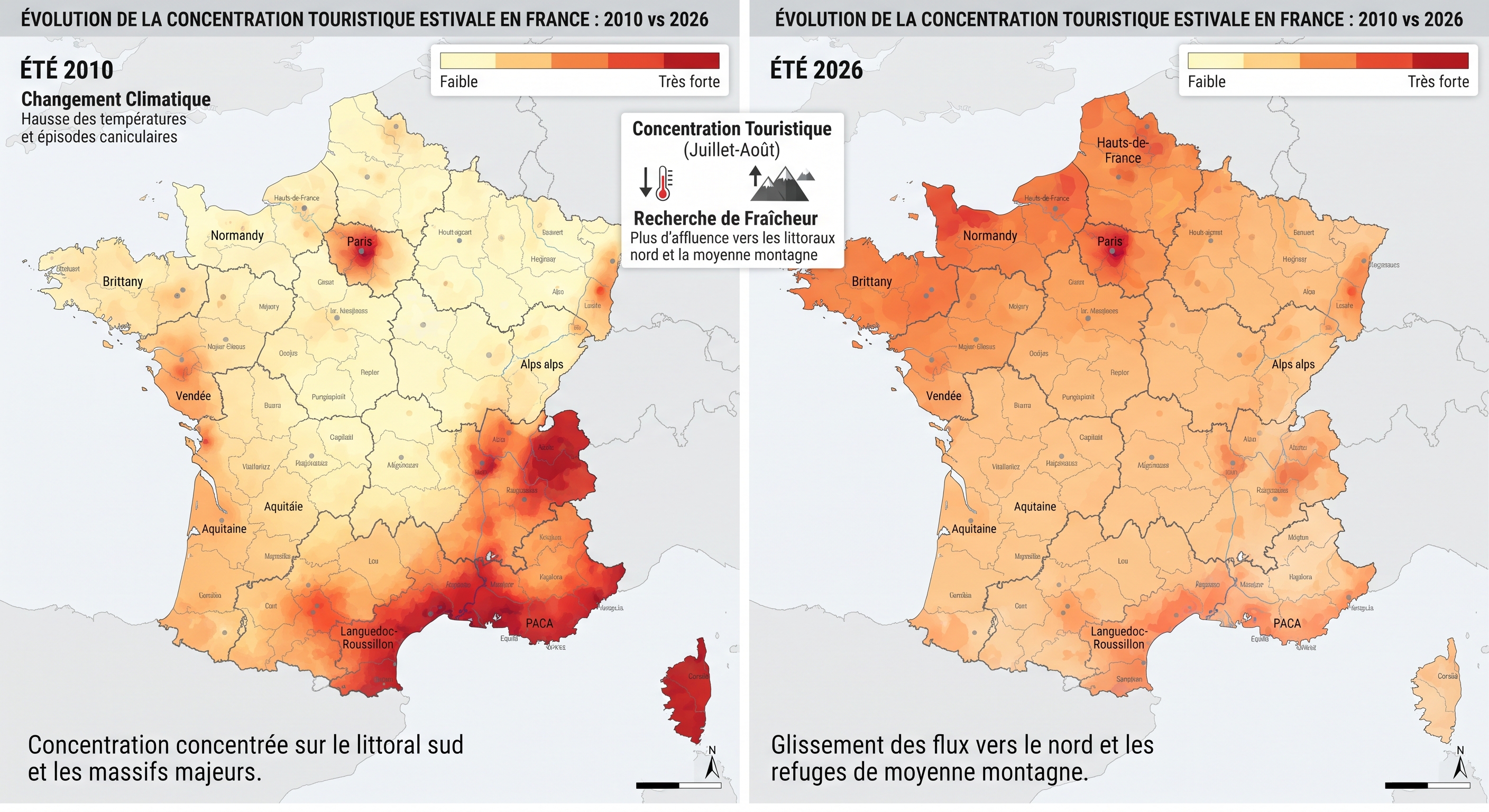 Évolution de la concentration touristique estivale en France entre 2010 et 2026